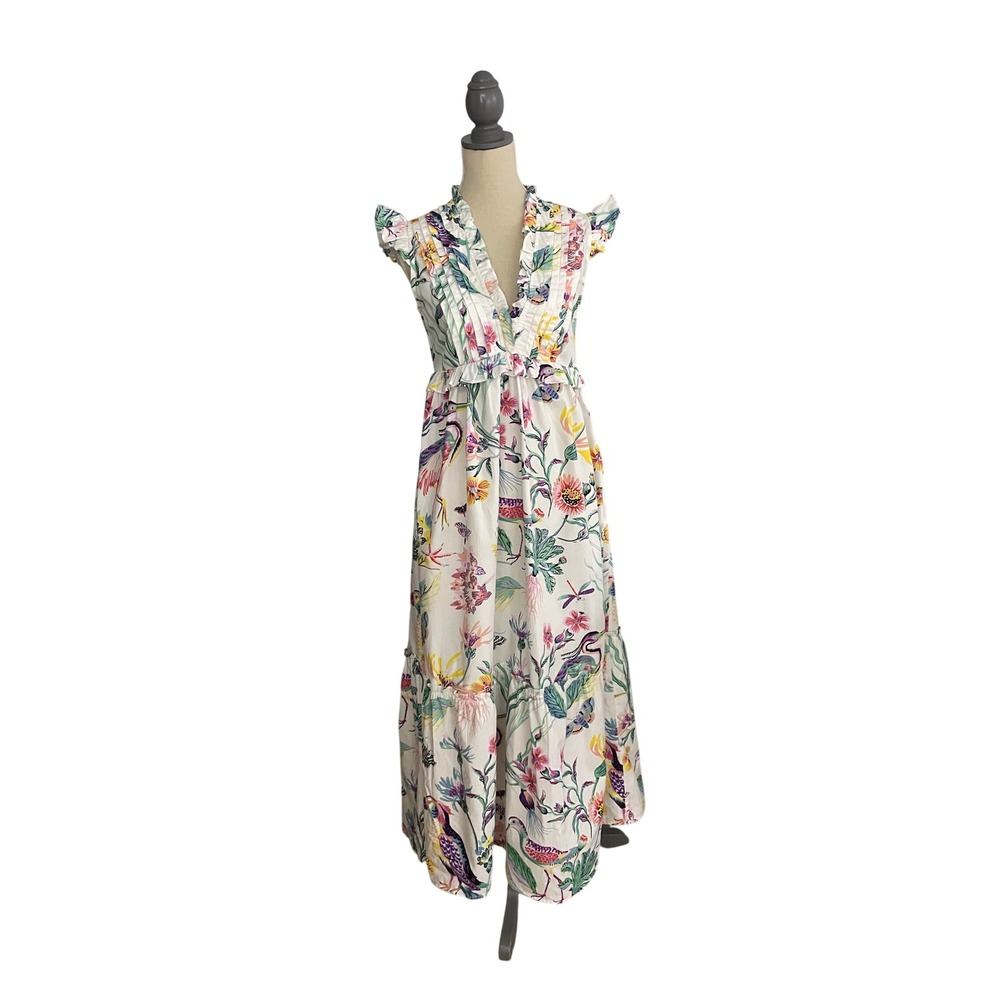 Banjanan Maxi Dress Women 4 White Floral Bird Butterfly Ruffle Pintuck V-Neck